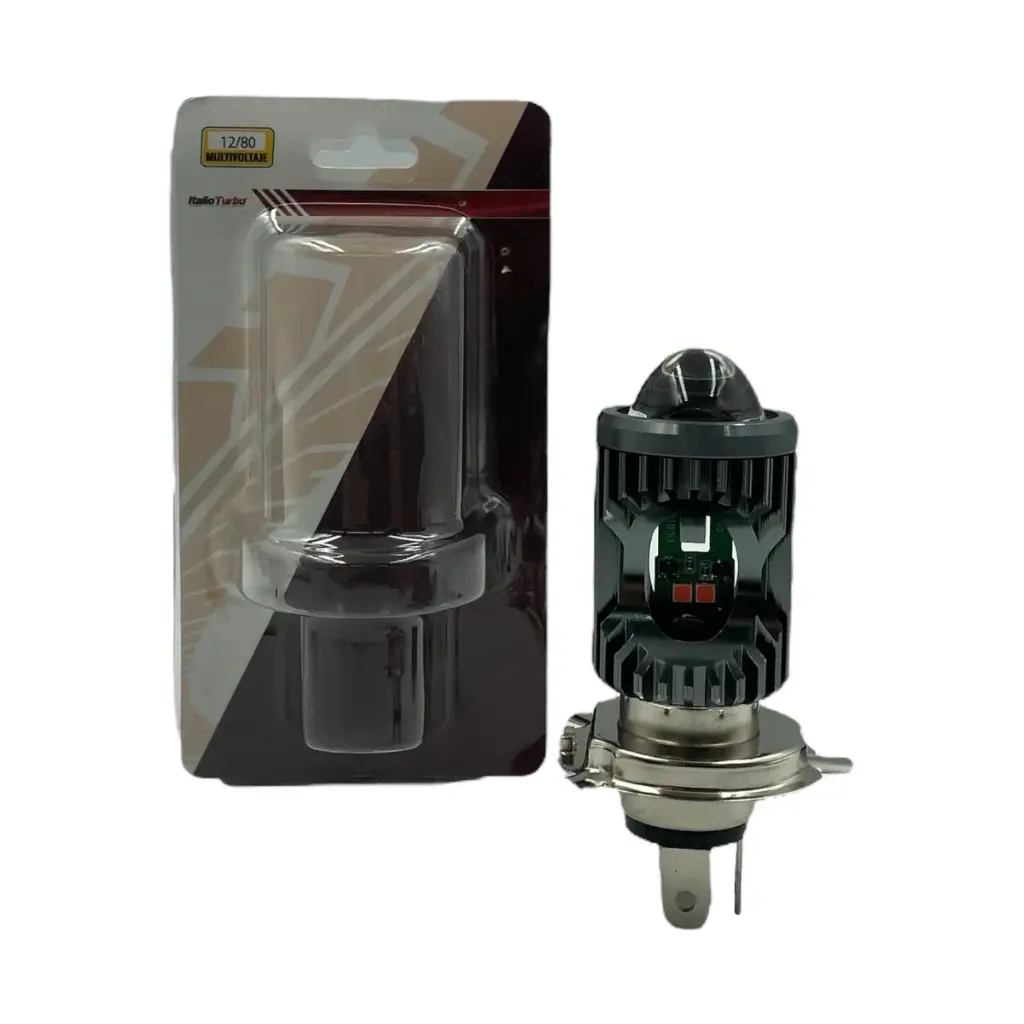 Foco LED con lupa para motocicleta H4 con funciones y luz bicolor, azul y roja