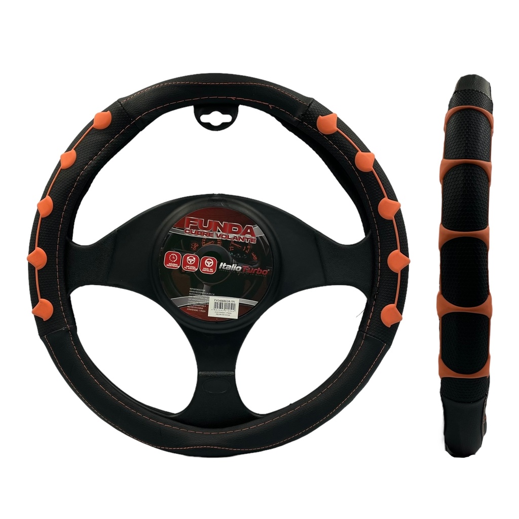 Funda cubrevolante de vinipiel con detalles de goma negra con naranja 