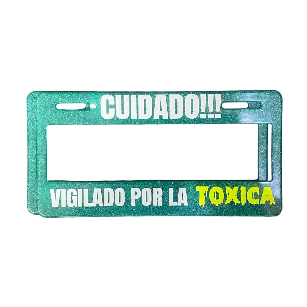 Portaplaca flexible con brillos Cuidado vigilado por la toxica verde