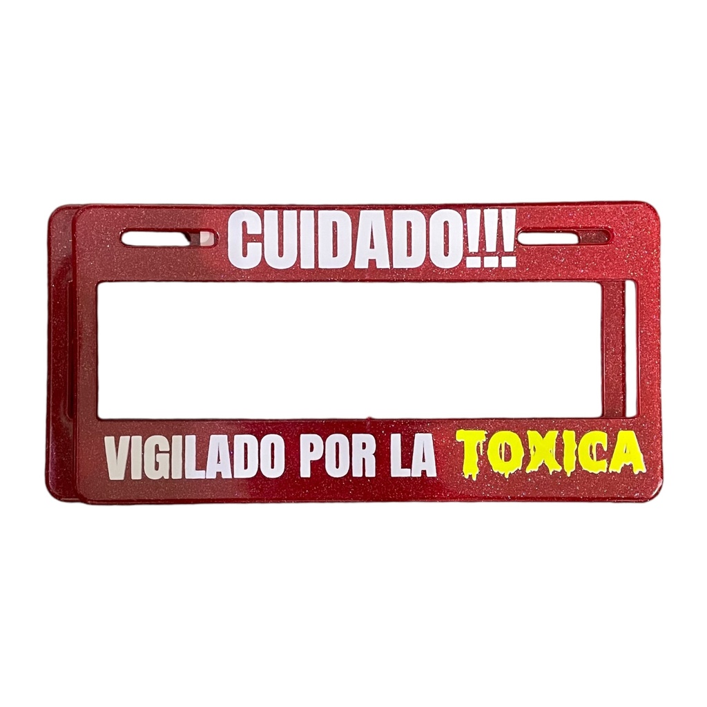 Portaplaca flexible con brillos Cuidado vigilado por la toxica rojo