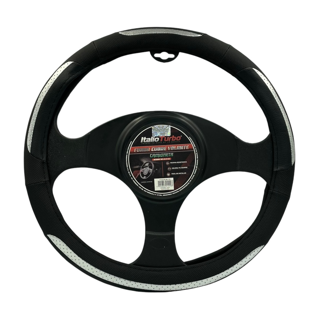 Cubrevolante de vinipiel para camioneta negro con detalles plata