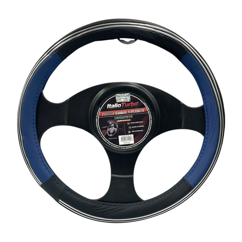 [FVO227LBKBL-TFI] Cubrevolante de vinipiel para camioneta con tira cromo y detalle azul