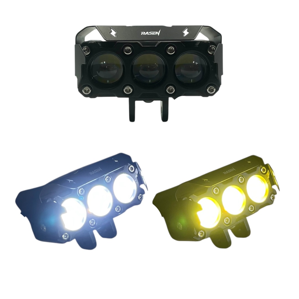 [RS-LED-13141Y-W-BU] Faro LED de 3 ojos tipo diablo bicolor y azul