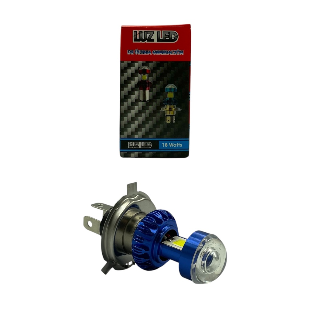 Foco H4 para moto de 18W carcasa roja y azul disp.