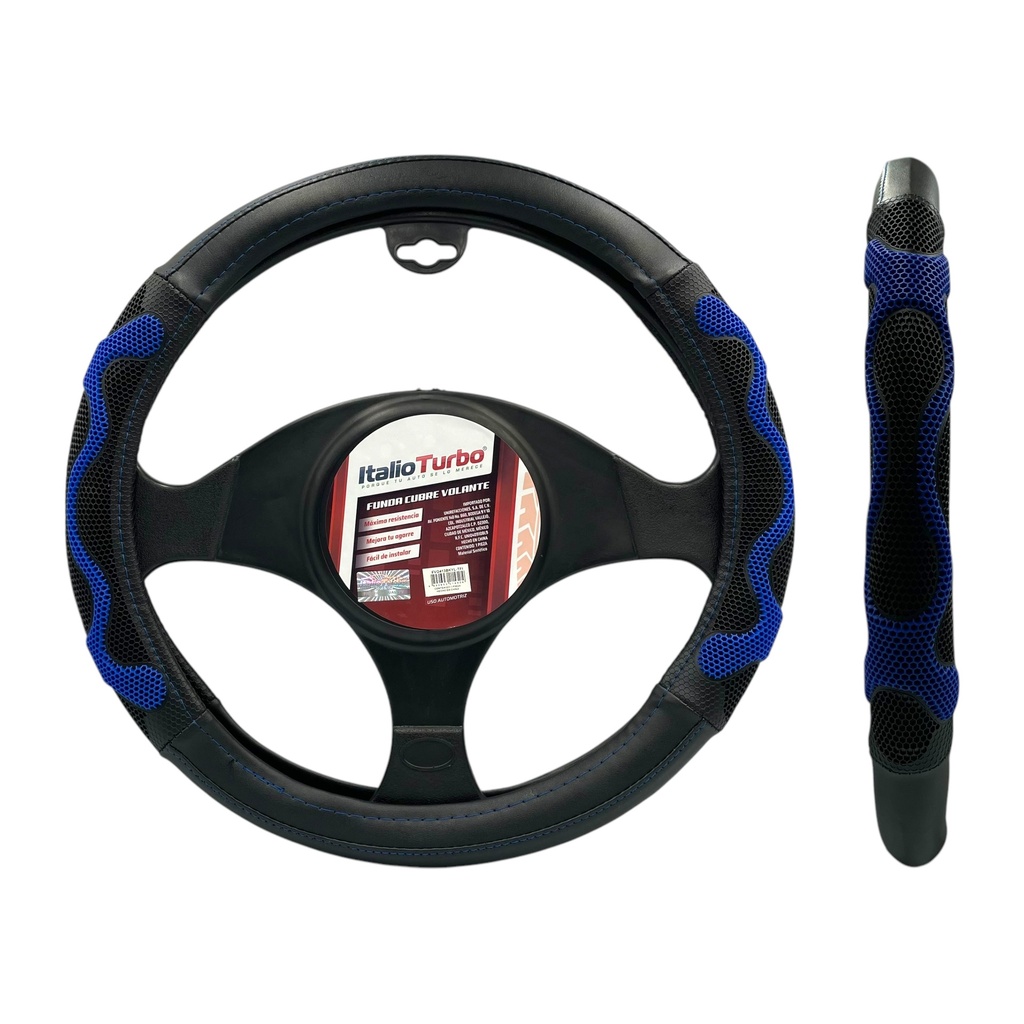 Funda cubrevolante negro con azul tipo vinipiel