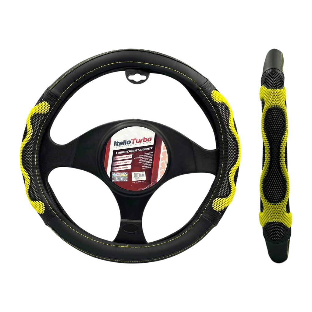 Funda cubrevolante negro con amarillo tipo vinipiel