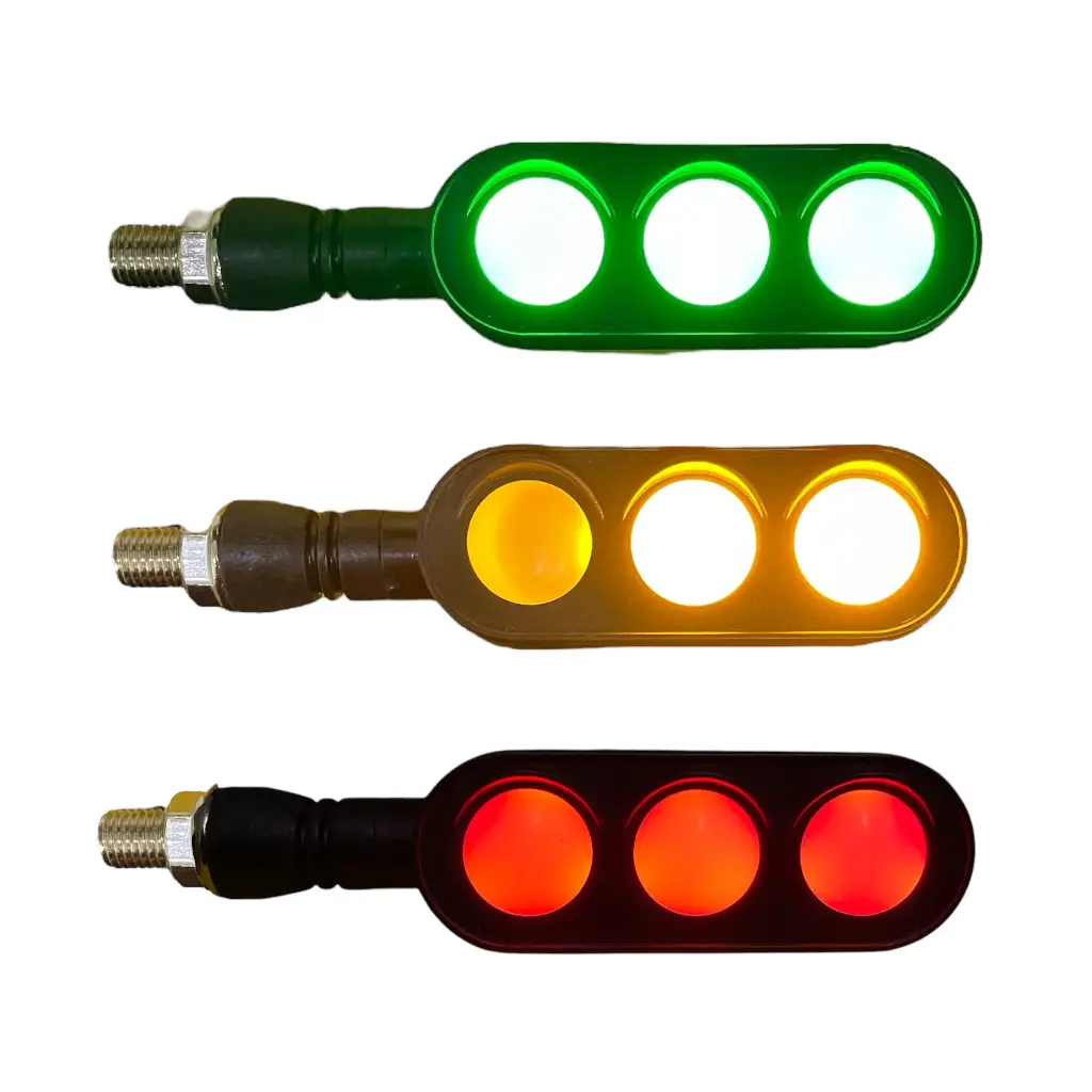 Direccional bicolor ámbar/verde universal para moto con funciones