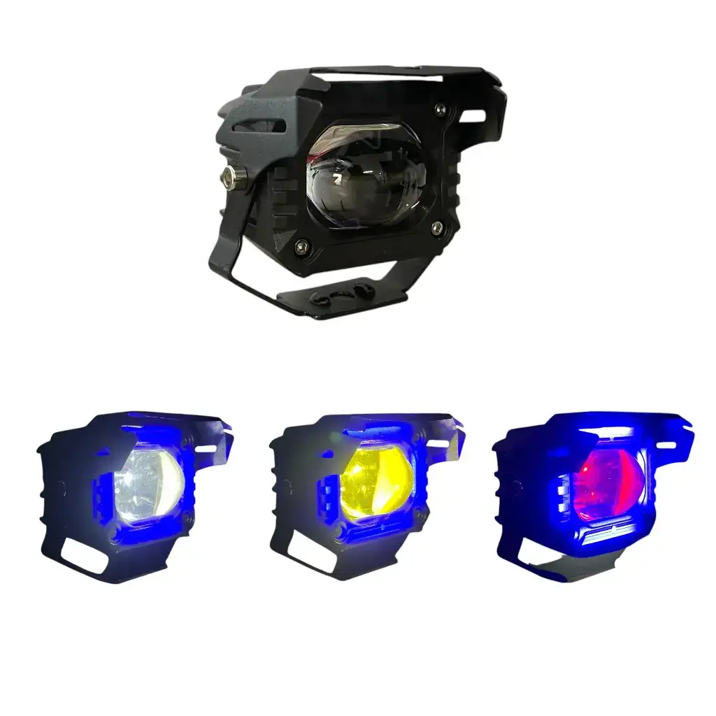 Faro LED raptor bicolor (blanco/ámbar) con cuartos y arillo azul