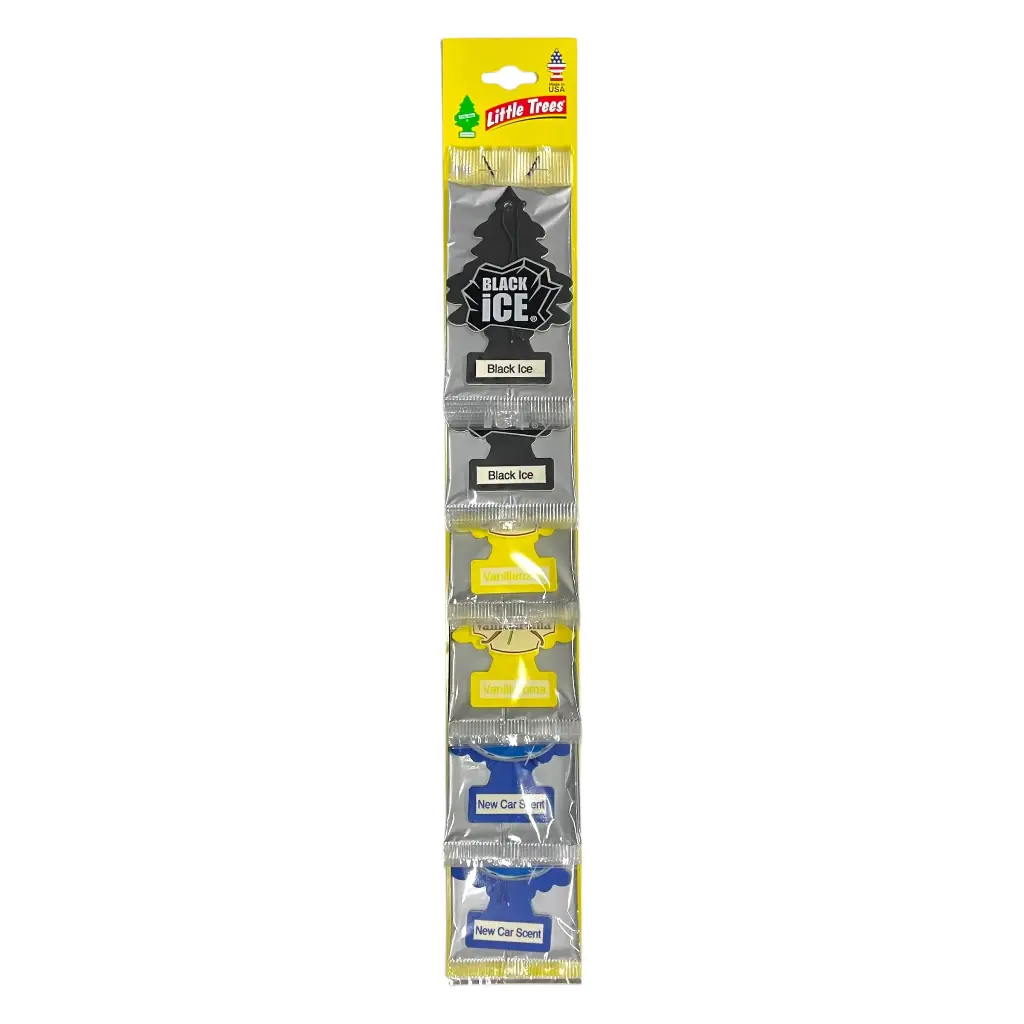 Exhibidor aromatizante de pino 24 piezas (Black Ice 8 piezas - New Car 8 piezas -Vainilla 8 piezas)