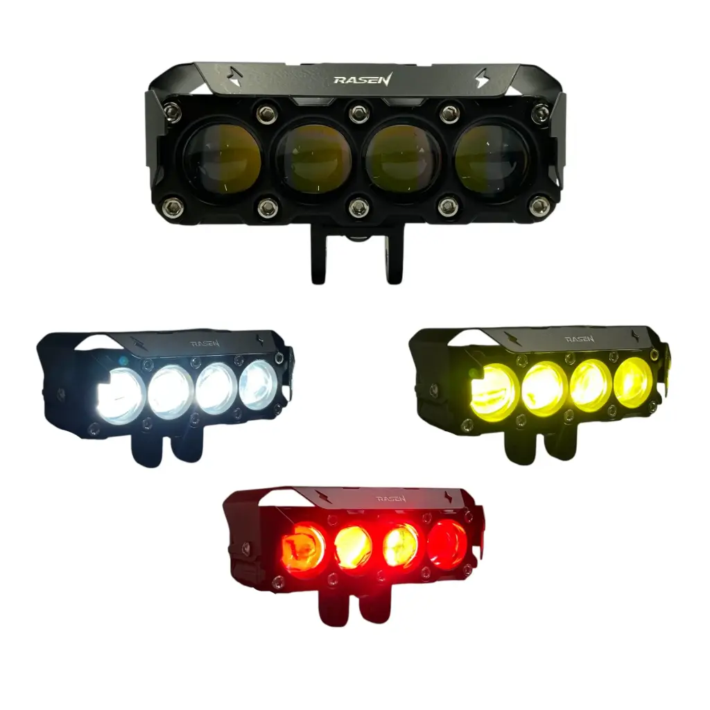Faro LED rectangular 4 ojos de diablo y cuartos rojo
