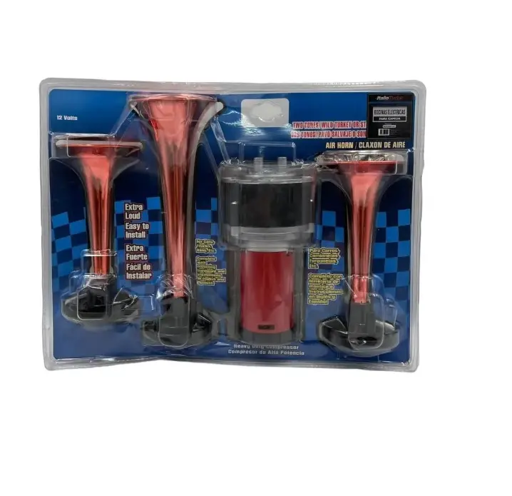 Bocina de aire roja con corneta triple acabado cromo 