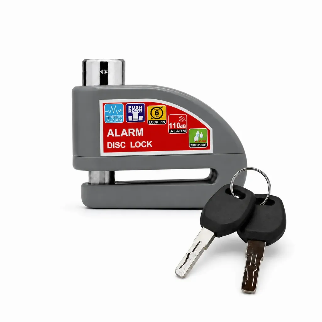 Candado gris para disco de moto con alarma