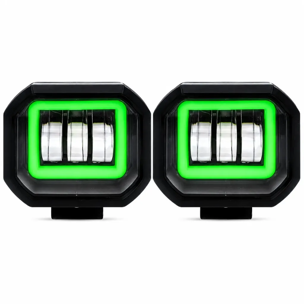 [FAL106G] Faro de LED  verde cuadrado con 3 lupas y arillo de gel