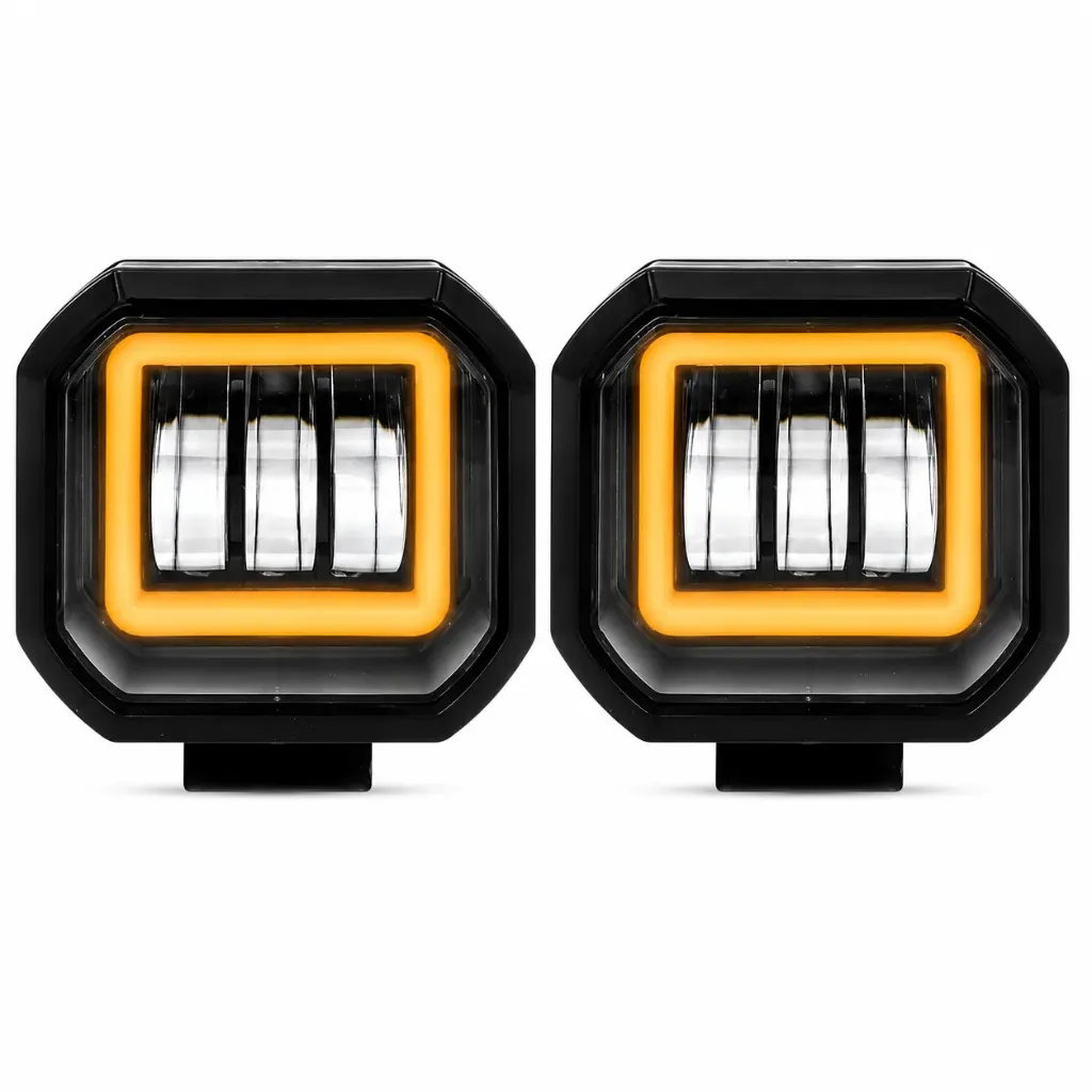 Faro de LED amarillo cuadrado con 3 lupas y arillo de gel