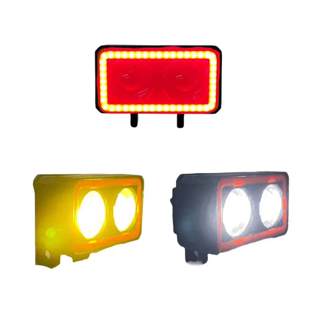 Faro LED rectangular rojo con lupa y arillo bicolor 