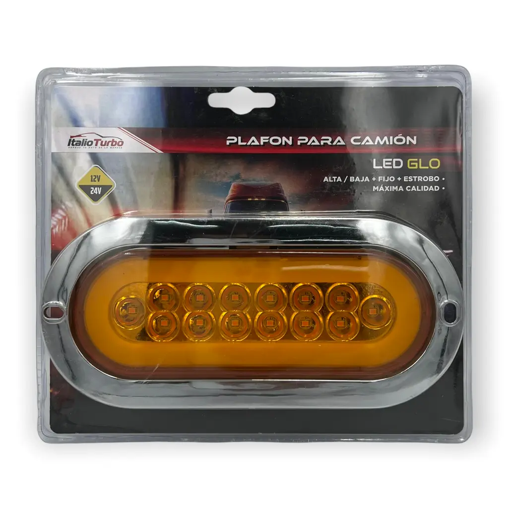 Plafón multivoltaje ovalado ámbar con arillo de gel con estrobo