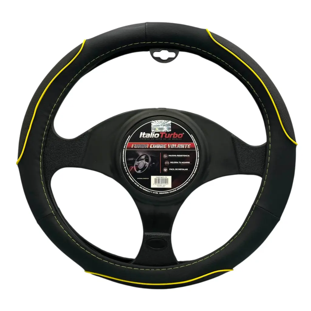 Funda cubrevolante para auto negro con amarillo