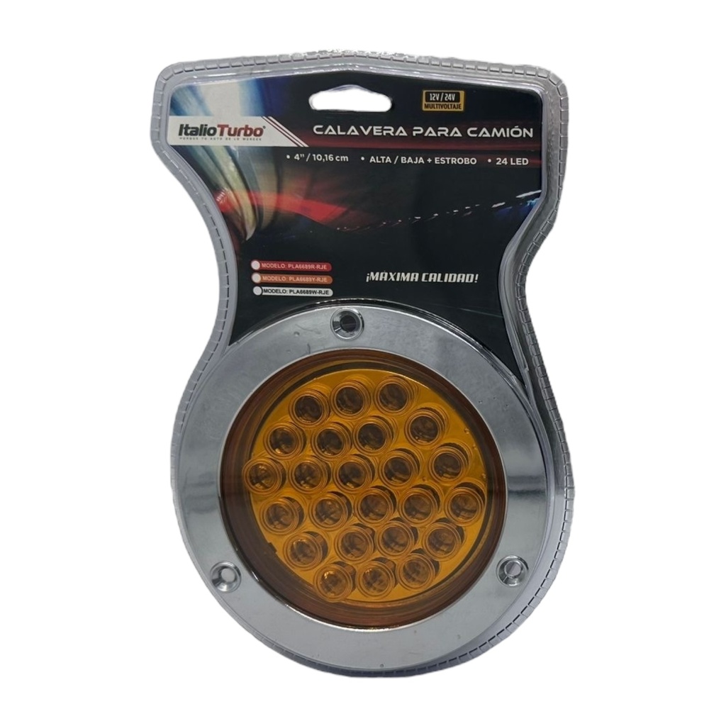 Plafón ámbar de 4" con 24 LED multivoltaje con función alta y baja contorno cromado 