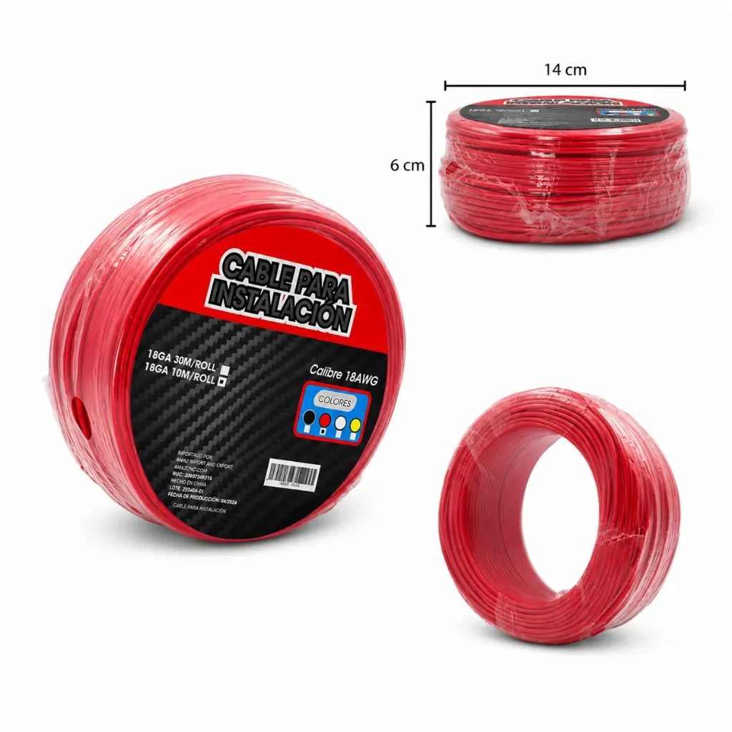 [18GA RED 100M/ROLL] Cable para instalación rojo de calibre 18/100 M