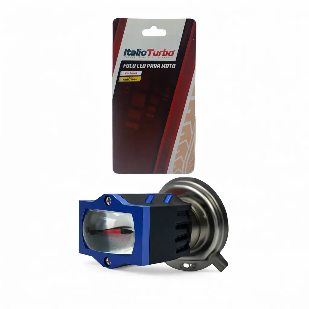 Foco LED H4 para moto bicolor con lupa y carcasa de aluminio negro/azul