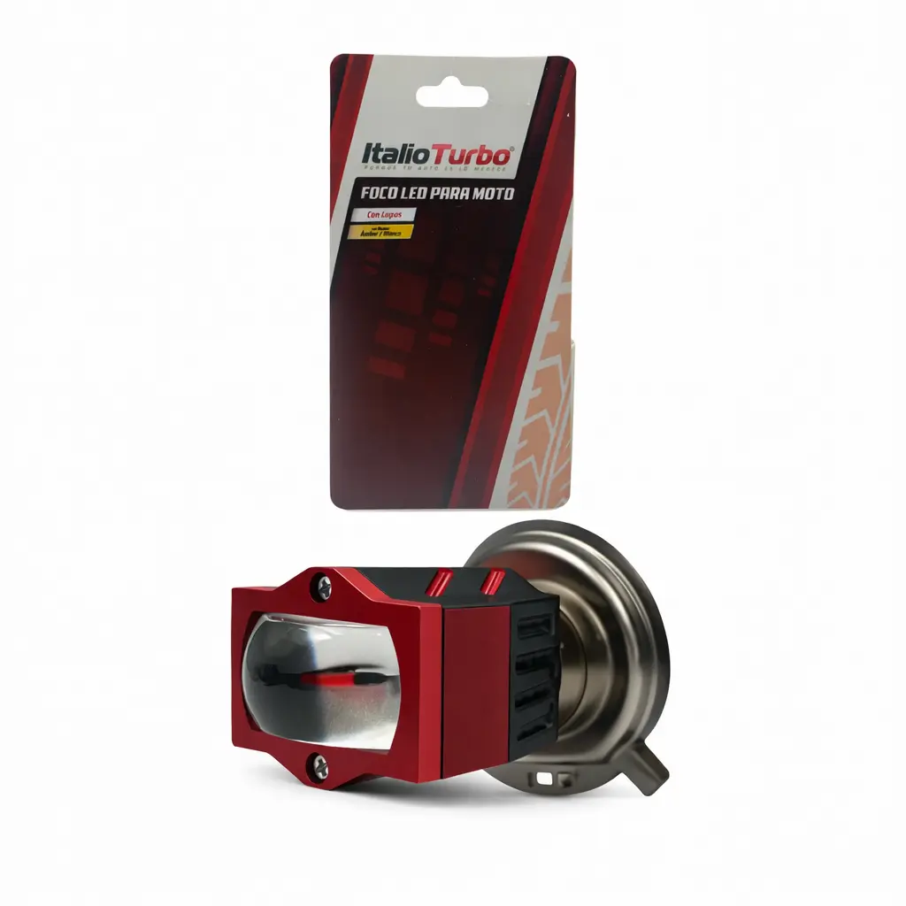 Foco LED H4 para moto bicolor con lupa y carcasa de aluminio negro/rojo