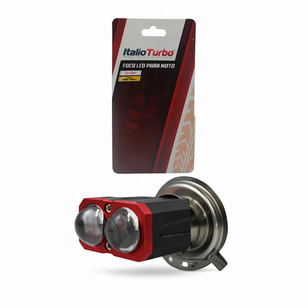 Foco LED H4 para moto bicolor con doble lupa y carcasa de aluminio negro/rojo