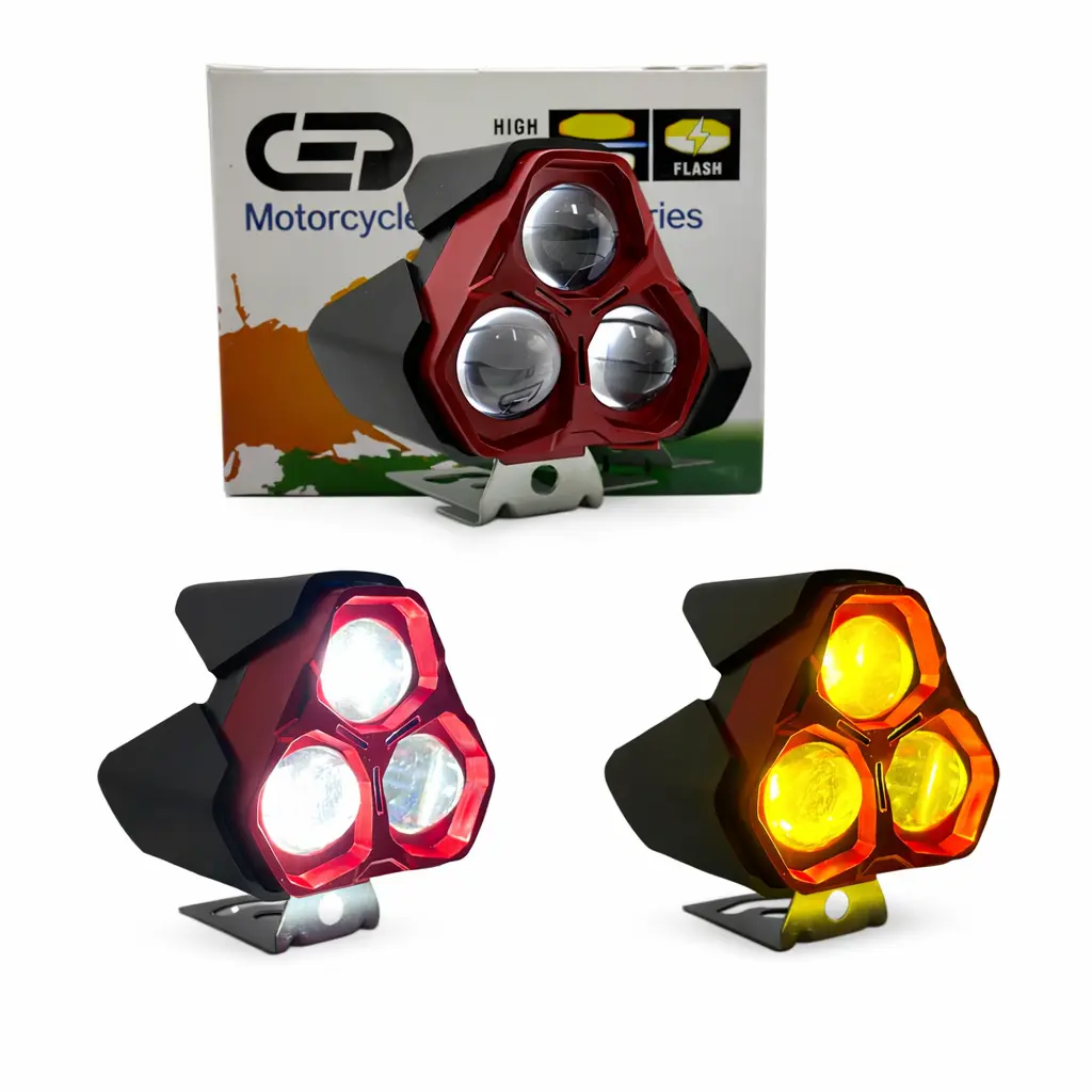 Faro LED triple proyector blanco/ambar con carcaza roja