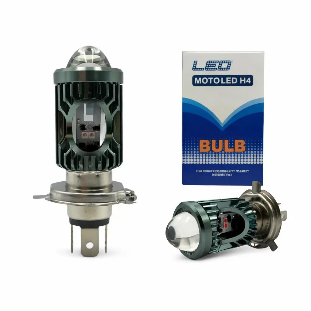 Foco LED H4 cuerpo gris con lupa bicolor y cuartos rojo/azul