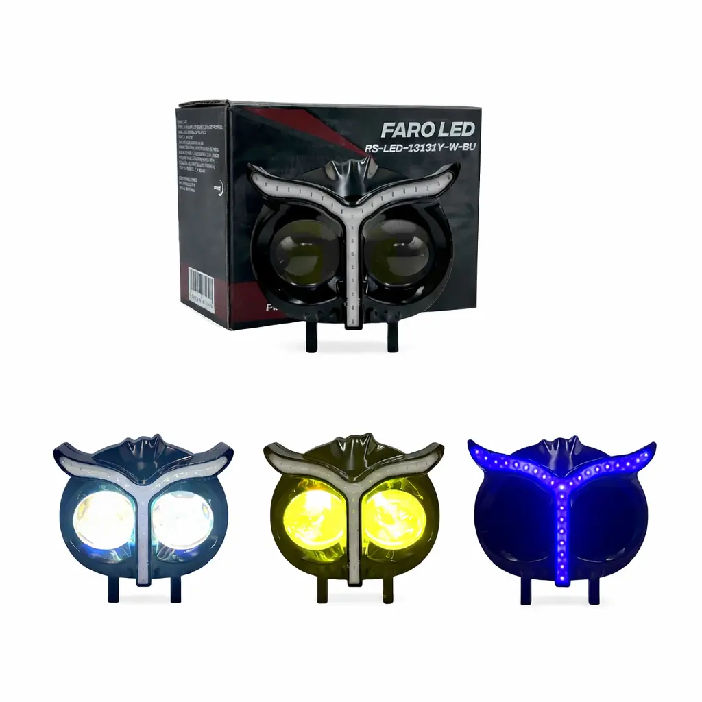 Faro LED tipo búho con arillo (ambar, blanco y azul)