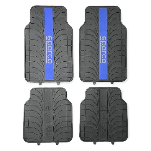 [TA-SP1913N] Tapete Sparco negro con franja azul de 4 piezas