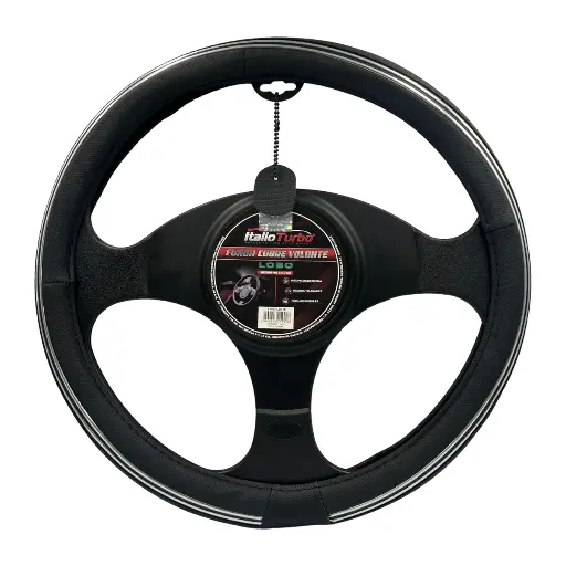 [FVO227LBK] Cubrevolante de vinipiel para camioneta con tira cromo