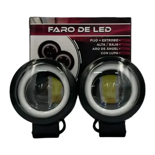 Faro LED redondo con lupas, bicolor (blanco/ámbar) y arillo de gel
