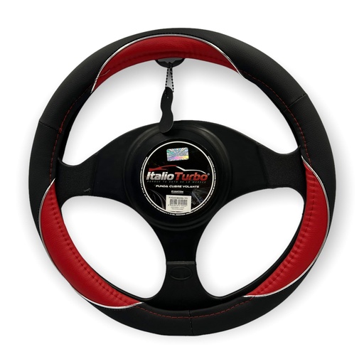 [FVO203BKRD-TFI] Funda cubrevolante de vinipiel negro con detalles en rojo y cromo