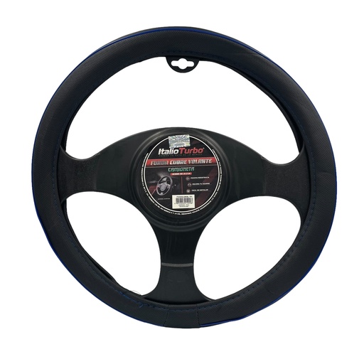 [FVO052LBKBL] Funda cubrevolante de vinipiel con detalle azul para camioneta