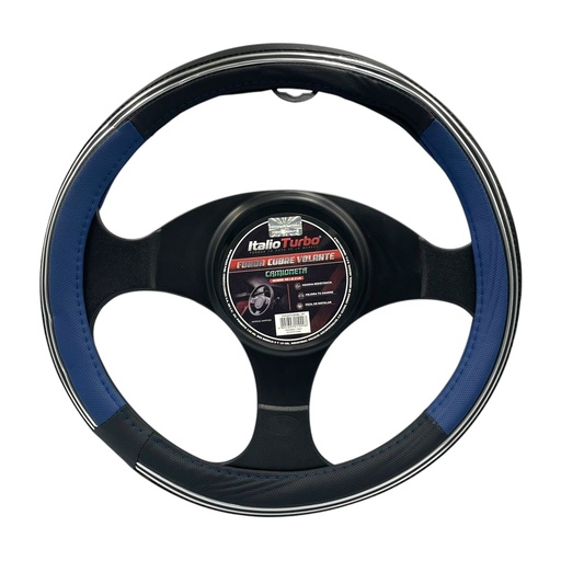 [FVO227LBKBL-TFI] Cubrevolante de vinipiel para camioneta con tira cromo y detalle azul