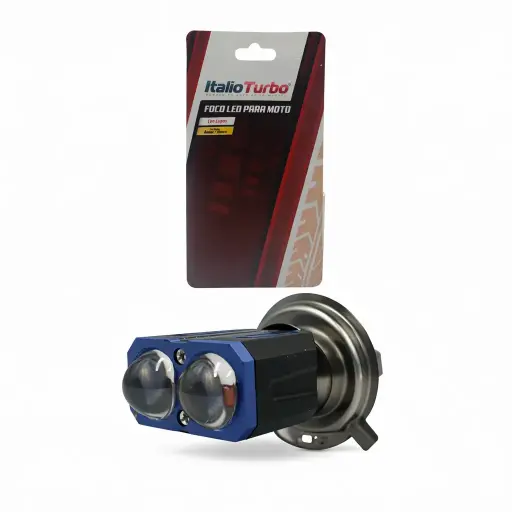 [FOLH412B-SAI] Foco LED H4 para moto bicolor con doble lupa y carcasa de aluminio negro/azul