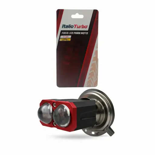 [FOLH412R-SAI] Foco LED H4 para moto bicolor con doble lupa y carcasa de aluminio negro/rojo