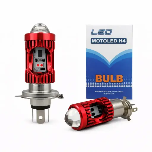 [JR-MT-YT RD BODY H4] Foco LED H4 cuerpo rojo con lupa bicolor y cuartos rojo/azul